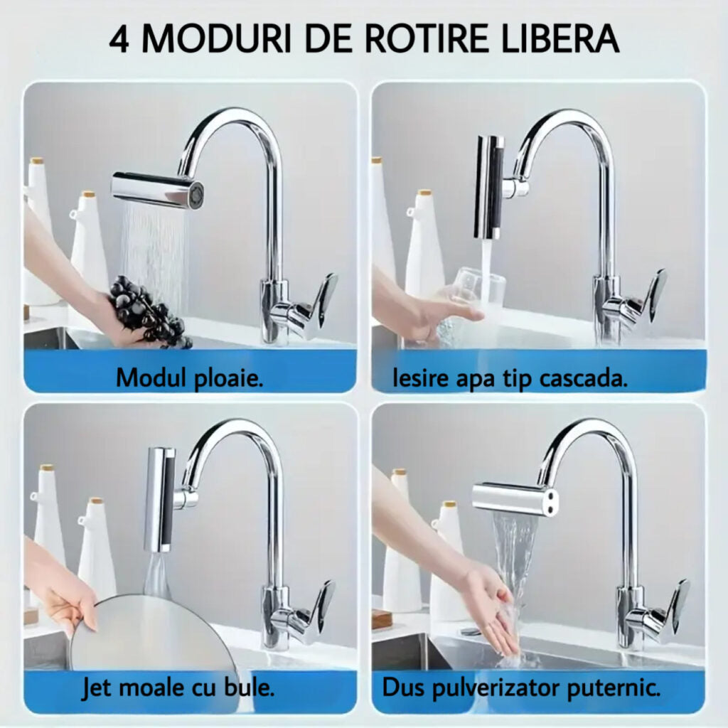Aerator de apă cu patru moduri de evacuare – cupru-argintiu, ABS rezistent, rotire 360°