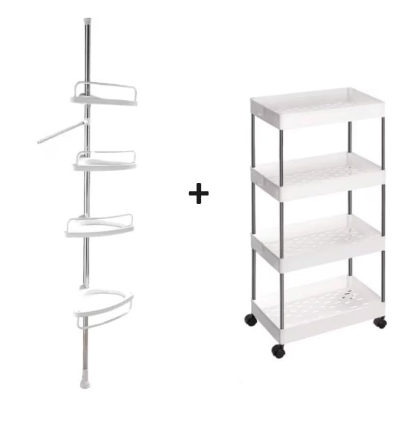 Pachet Promo: Raft cu roți + Etajeră de colț reglabilă pentru baie și duș, 4 rafturi, înălțime 100–260 cm