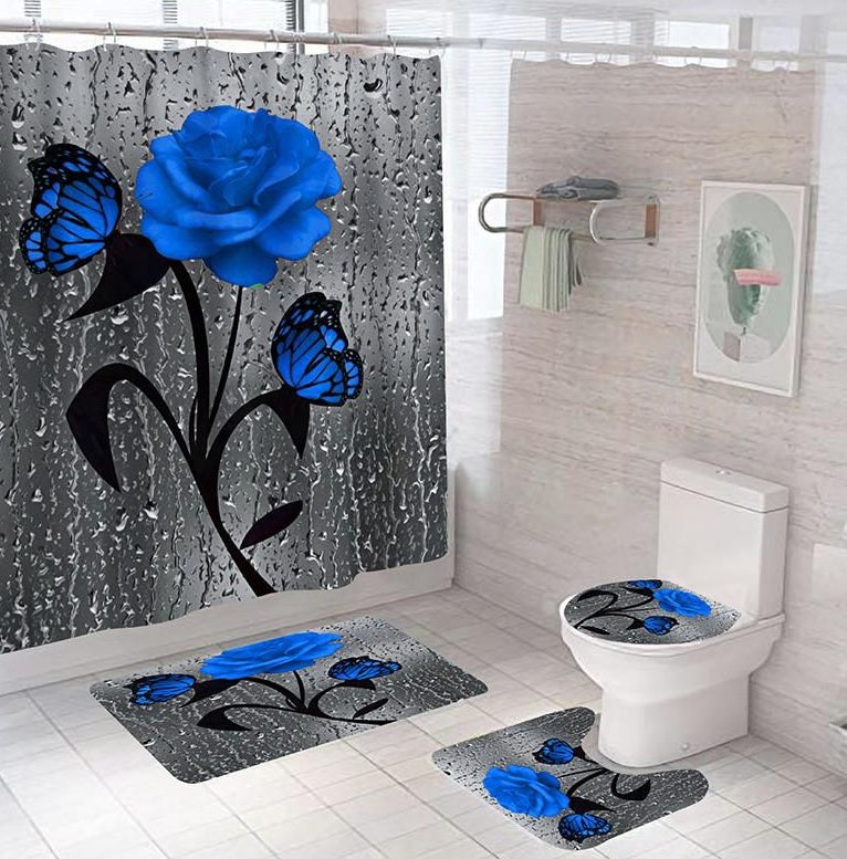 Set Baie 4 Piese Dark Blue Rose – Perdea, Covorașe și Husă Toaletă