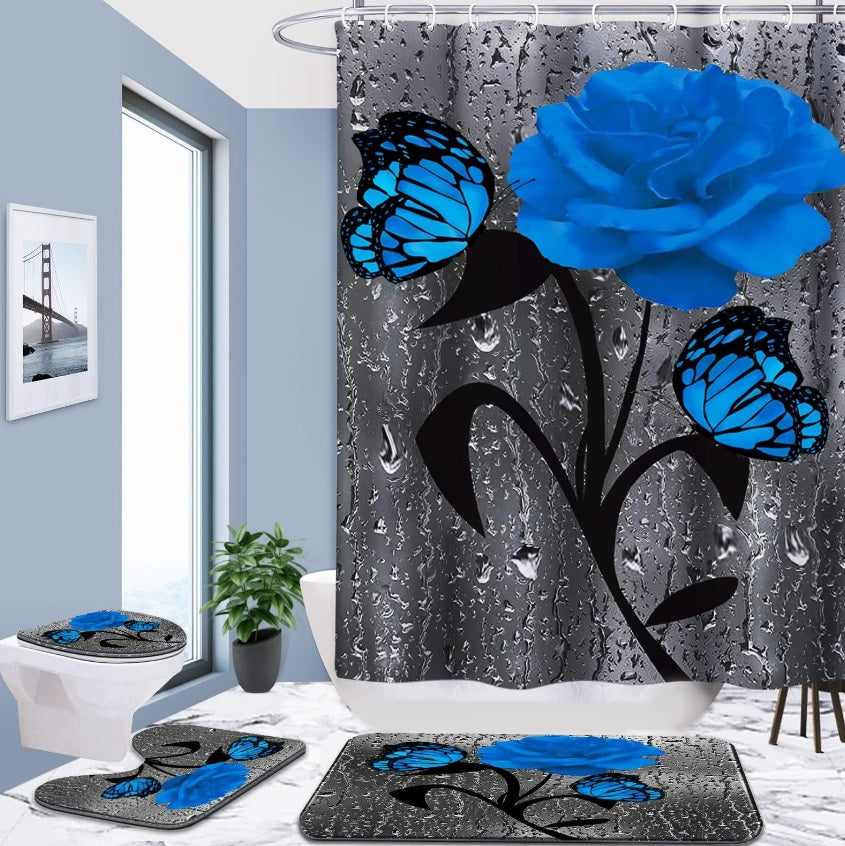 Set Baie 4 Piese Dark Blue Rose – Perdea, Covorașe și Husă Toaletă