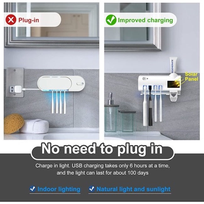 Dozator Pentru Pasta De Dinti, cu suport pentru periute, cu functie de sterilizare, lumina UV