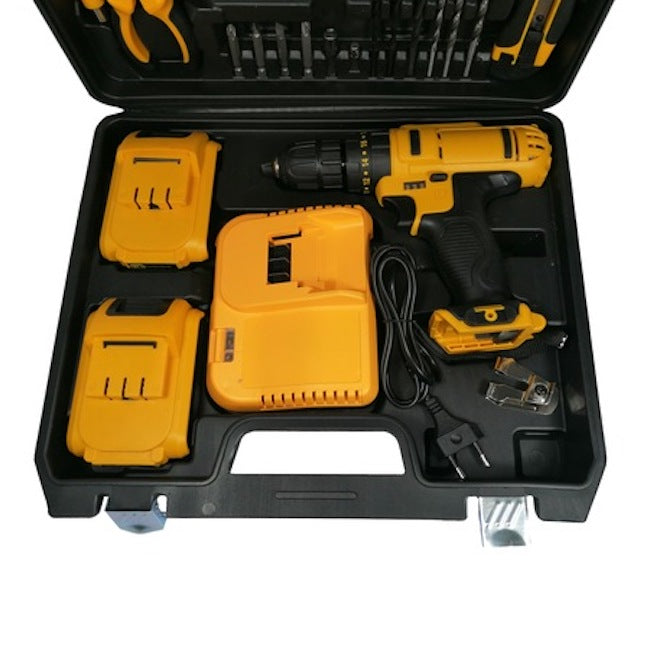Trusa bormasina 24V, 2 acumulatori, incarcator, 30 accesorii, galben