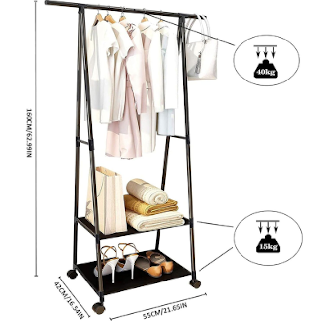 Suport pentru haine si umerase cu 2 rafturi inferioare, model triunghi