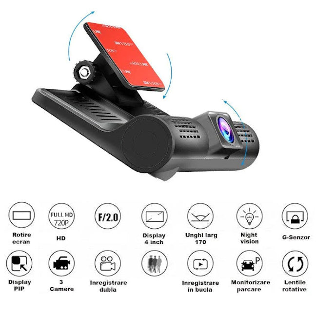 Camera auto tripla, Full-HD, 3 camere - Fata/Spate/Interior, ecran 4''